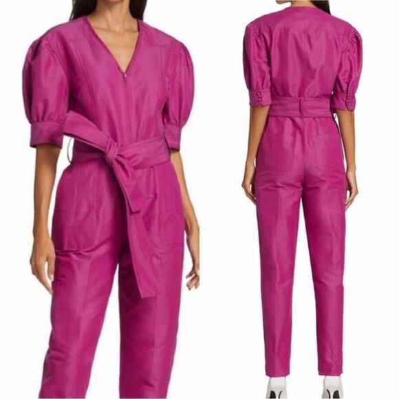 NWT Tanya Taylor Becca Purple Jumpsuit Bougainvilea Puff Sleeve Size 8 - Picture 1 of 12